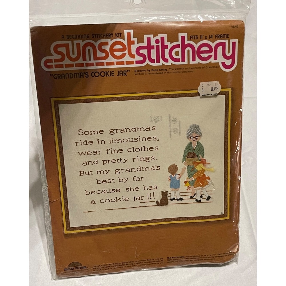 SUNSET STITCHERY NIP "GRANDMA'S‎ COOKIE JAR" VINTAGE  1970'S 14 x 17 DESIGN!